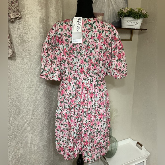 And The Why Floral Surplice Puff Sleeve Dress, Pink - Picture 8 of 13